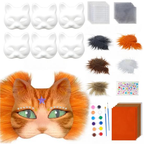 6Pcs Cat Masque Kit DIY Hand Painting Blank Cat Masque with Fur Eye Mesh Felt Sheet Furry Animal Therian Masquerade Accessory