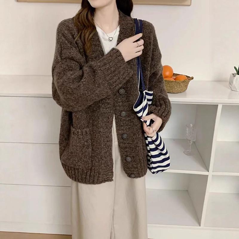 Ленивый ветер вязаный кардиган женская одежда осень и зима новый свободный повседневный утолщенный свитер на пуговицах с V-образным вырезом женский
