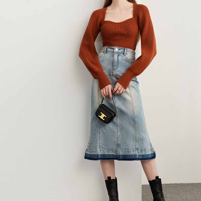 Винтажная однотонная футболка с квадратным вырезом в стиле литературы и искусства, женский осенне-зимний свободный тонкий свитер с длинными рукавами