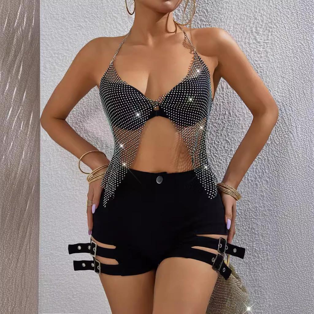 Мода Spice Girl эластичная сетка дышащая вспышка алмазный вырез A Word V вырез пляжные подтяжки для выступлений на сексуальная одежда