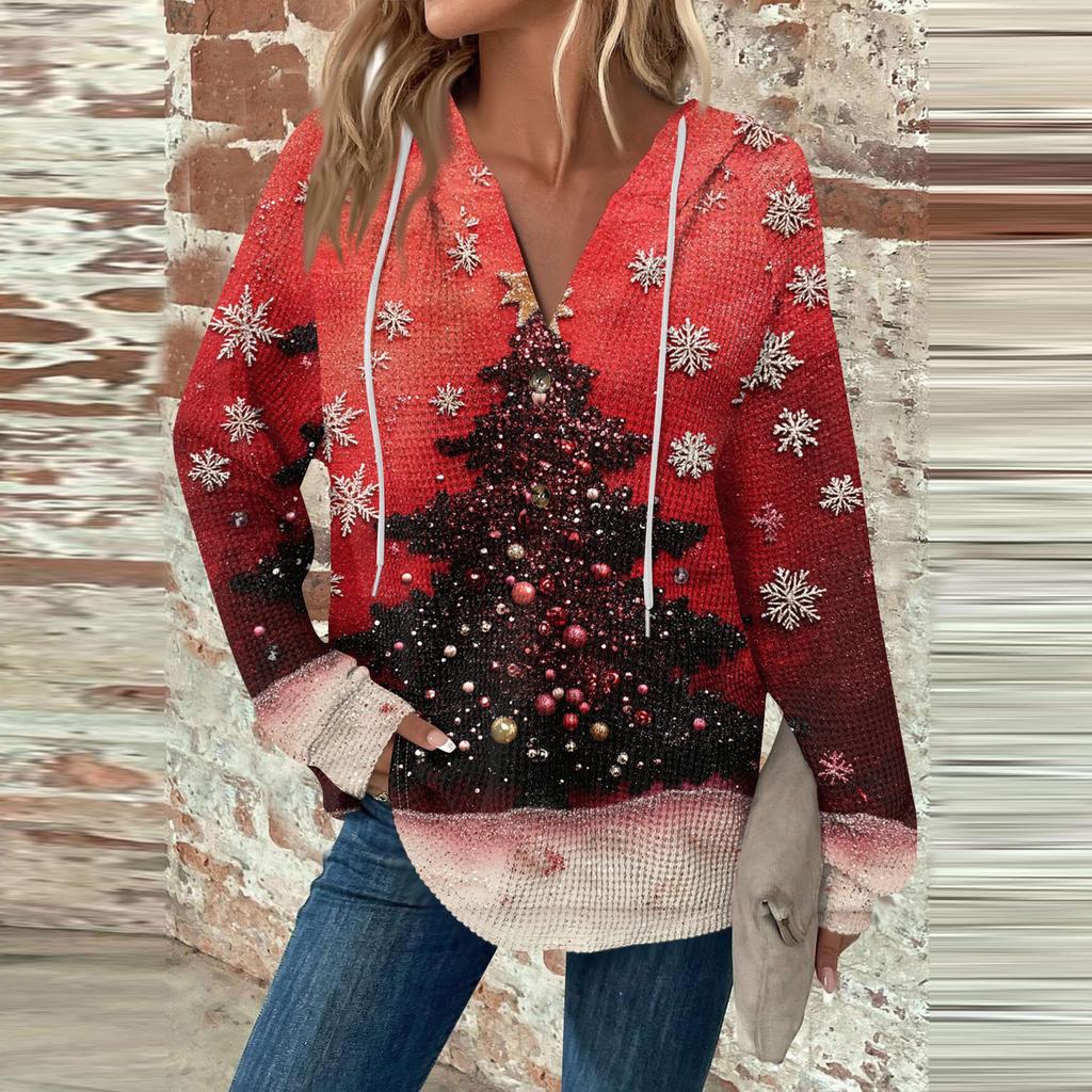 Женская мода с длинным рукавом, завязками на шнурке, капюшоном, пуговицами, V-образным вырезом, повседневная толстовка с капюшоном и рождественским принтом