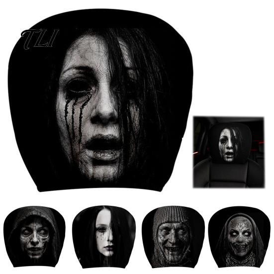 Soft Fabric Auto Headrest Covers Funny Car Covers, Ghost Skull Print Universal Fit Interior Decor Seat Protector, Breathable Accessories Unique