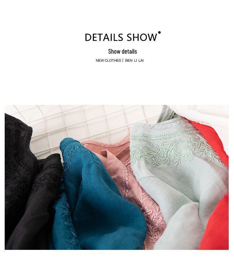 Женская хлопково-льняная однотонная футболка с коротким рукавом - Летний трендовый свободный ретро-топ 2024