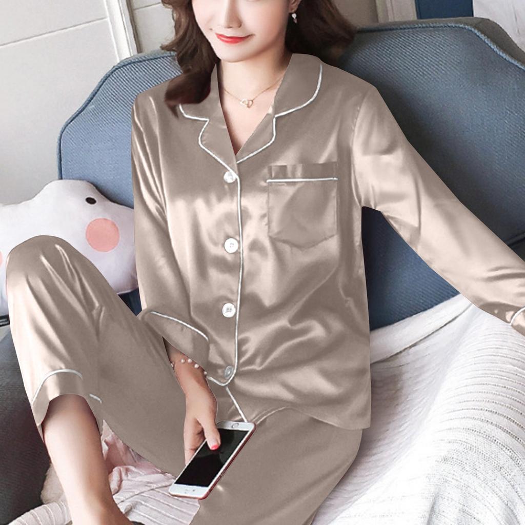 Women's Casual Cardigan Long Sleeve Pajamas Set Ice Silk Home Clothes Two-piece Set