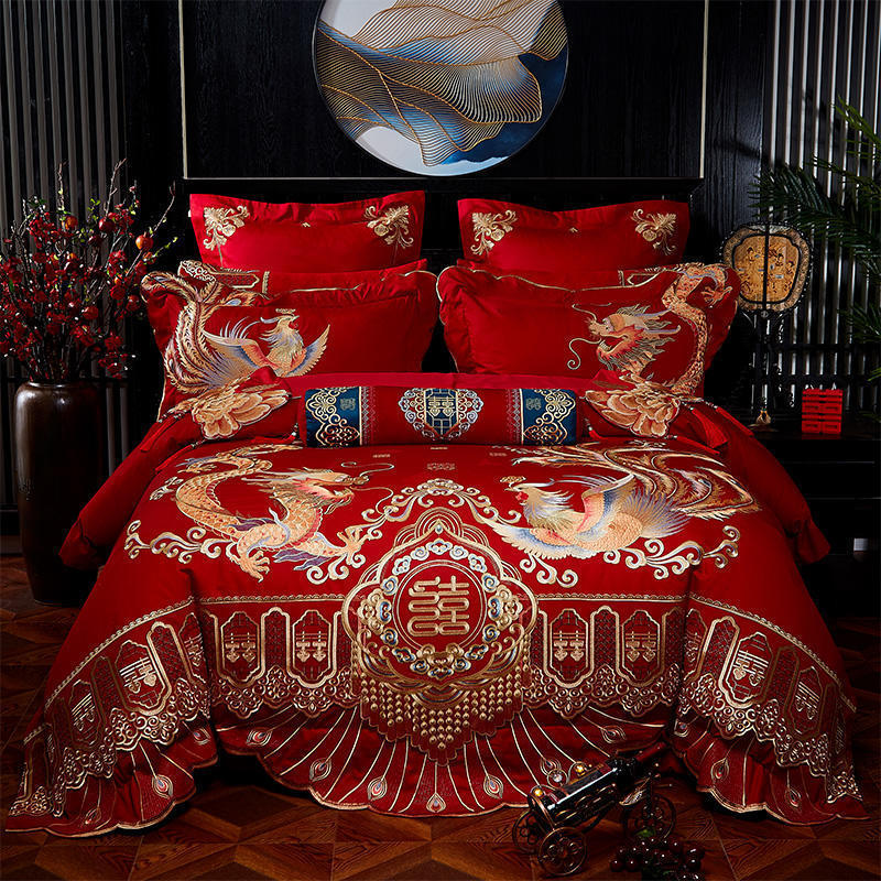 Длинноволокнистый хлопок плотностью 100, свадебная простыня и пододеяльник из четырех предметов, чистый хлопок, лоскутное одеяло с драконом и фениксом, красное стеганое одеяло, комплект из шести и десяти предметов