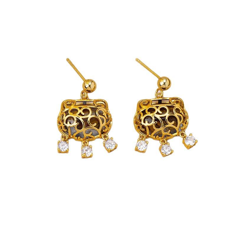 National style retro tiger eye stone long life safety lock earrings necklace diamond pendant niche versatile collarbone chain set
