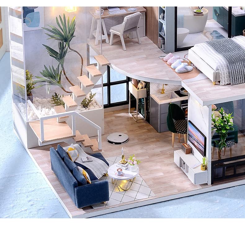 Dollhouse Beginner Miniature House Kit DIY Wooden Dollhouse Miniature Kit Beginner Dollhouse Handmade Kit Dustproof Cover Included (Comfortable Time)