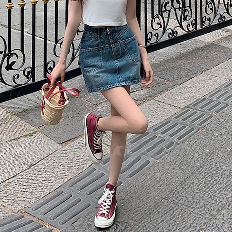 Классическая универсальная молодежная короткая юбка в стиле ретро с разрезными карманами, повседневная юбка с высокой талией, А-силуэт, супер женская летняя модная джинсовая короткая юбка