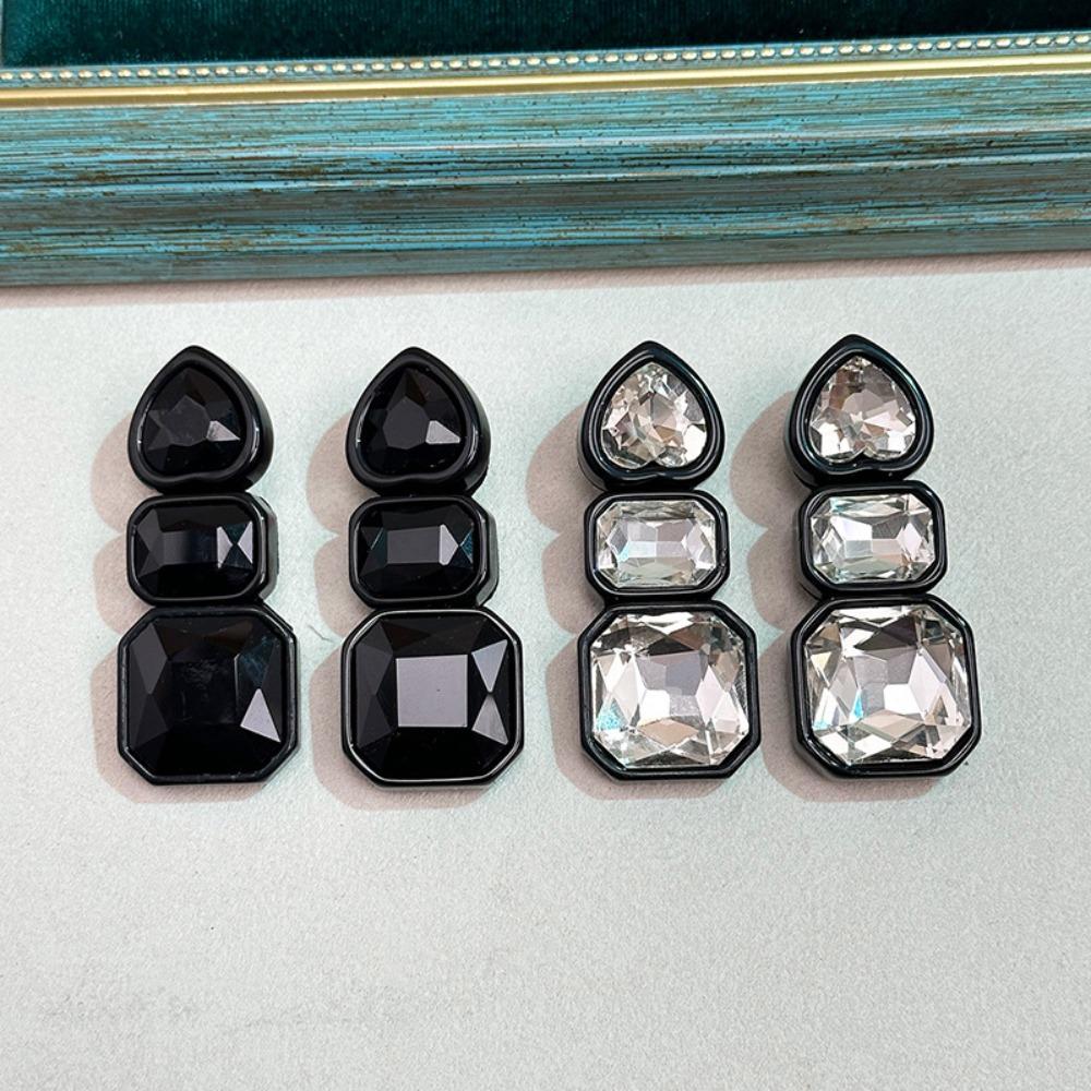 Colorful Geometric Square Studs Resin Heart Shape Ear Jewelry Shiny Rhinestone Earrings Gift
