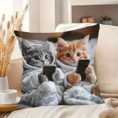 2D Принт Наволочка на подушку с дизайном играющего в телефон кота Плюш с коротким ворсом Милый кот Гостиная Диван Декоративная наволочка