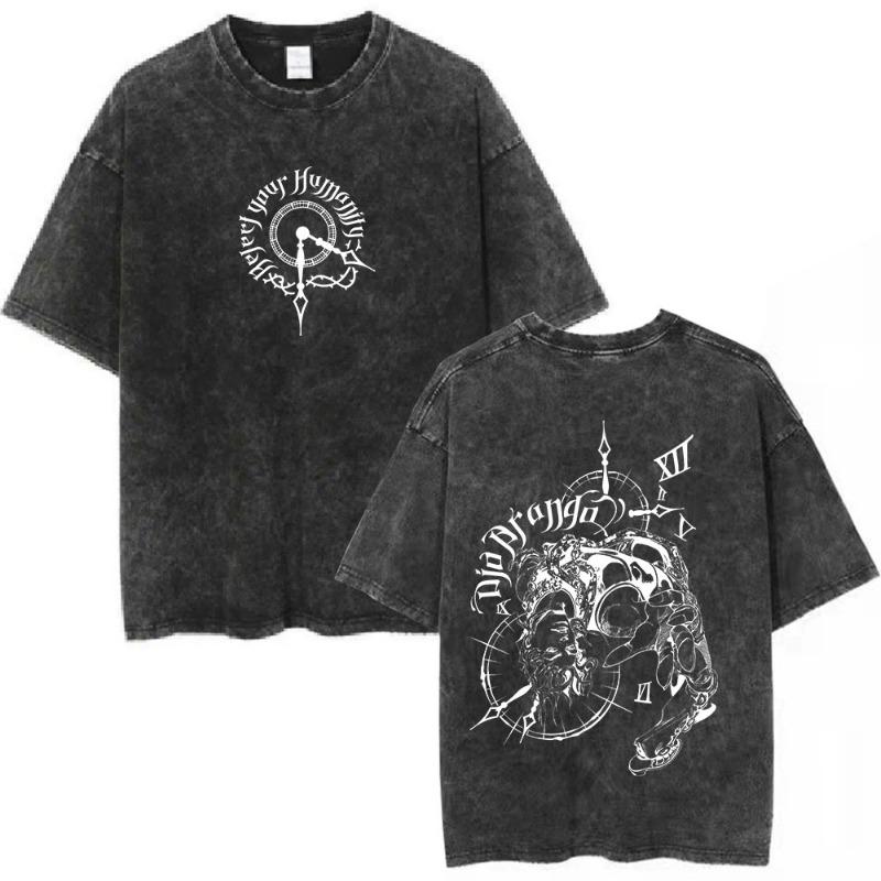 Vintage Washed Anime Jojo Bizarre Adventure T-shirt Giorno Giovanna Manga Graphic T-shirts Men's Clothing Cotton Casual T shirts