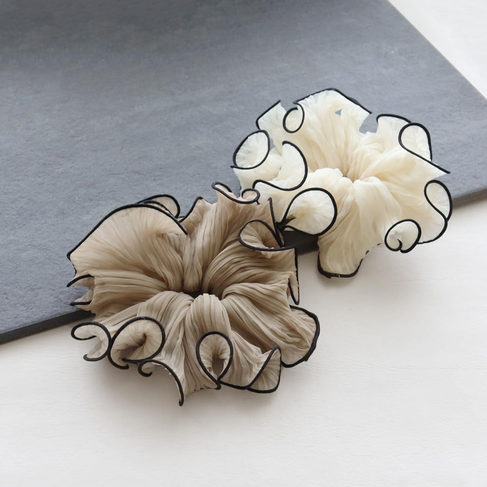 JewelVOX Scrunchie Hair Accessory for Organza and Chiffon with Design Women, Piping, Two-Tone (Ivory)