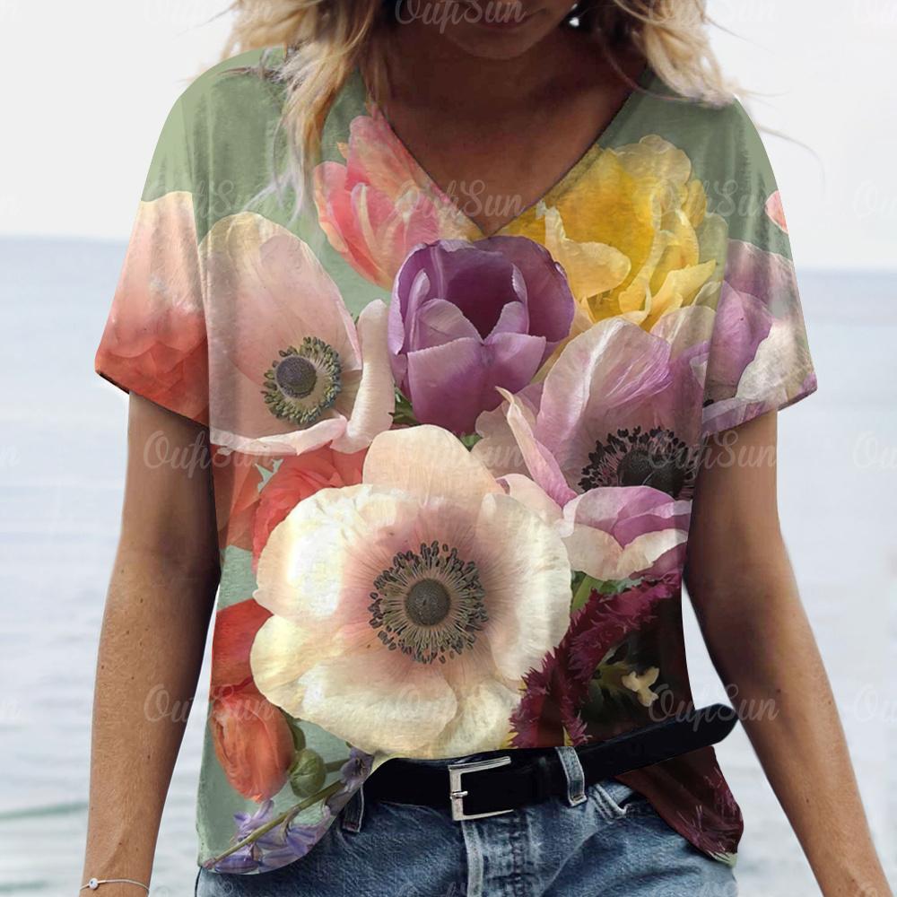 2024 Верхняя женская футболка с цветочным принтом, женская футболка большого размера, летняя женская одежда, дешевая женская рубашка с коротким рукавом, модная