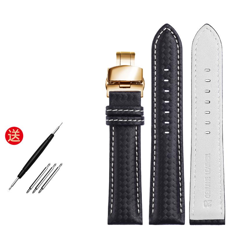 Genuine Leather Bracelet Carbon Fiber Grain Watchband Red Stitching 18mm 20mm 22mm Watch Band Strap Accessories Butterfly Buckle
