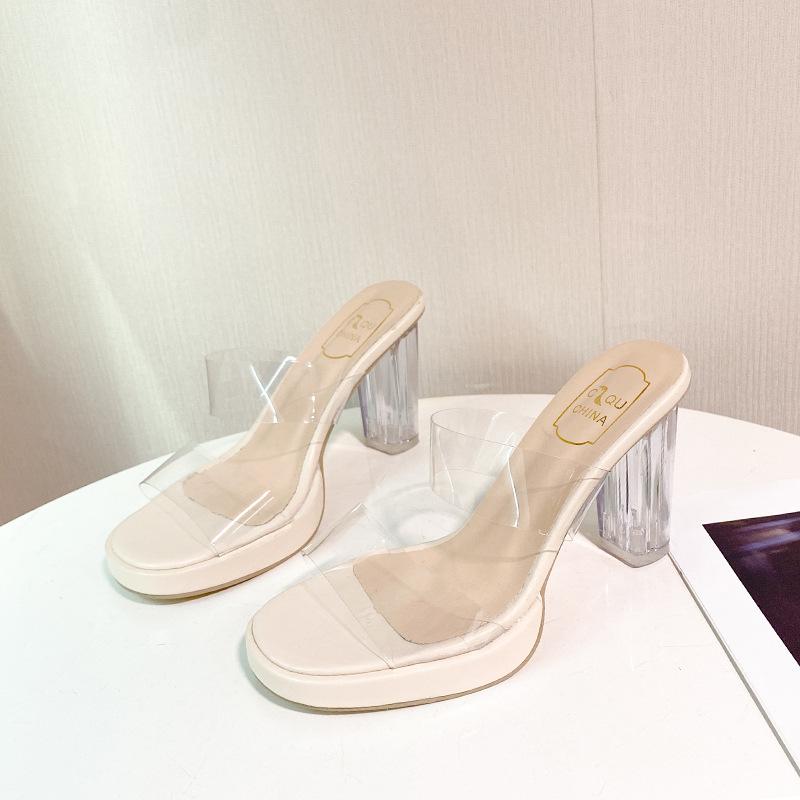 Шлепанцы на высоком каблуке женские 2025 лето новые однословные с ПВХ для улицы модные хрустальные и шлепанцыженские
