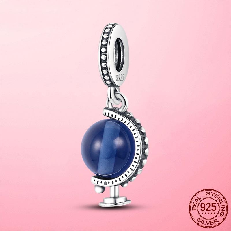 925 Sterling Silver Beads Blue Globe Charm Fit Original Fashion Bracelet Necklace for Women Diy Jewelry Making Fine Jewelry Gift