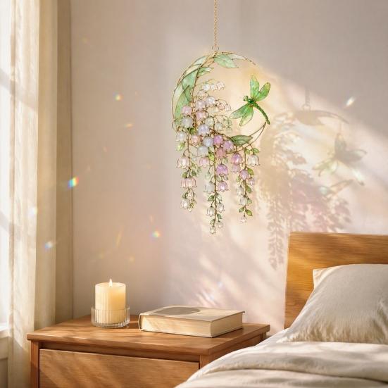 Rainbow Light Catcher for Window Stained Glass Style Flower Suncatcher, Lily of The Valley Dragonfly Shape Hanging Ornament Ornament, Floral
