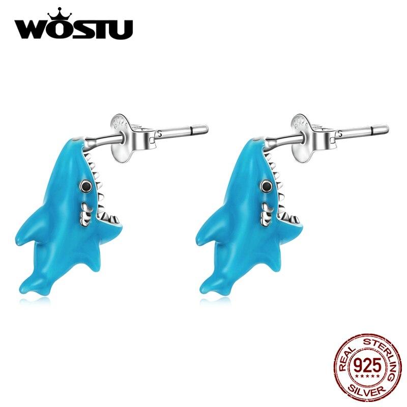 WOSTU 925 Sterling Silver Funny Blue Animal Shark Stud Earrings For Women Fashion Jewelry Gift