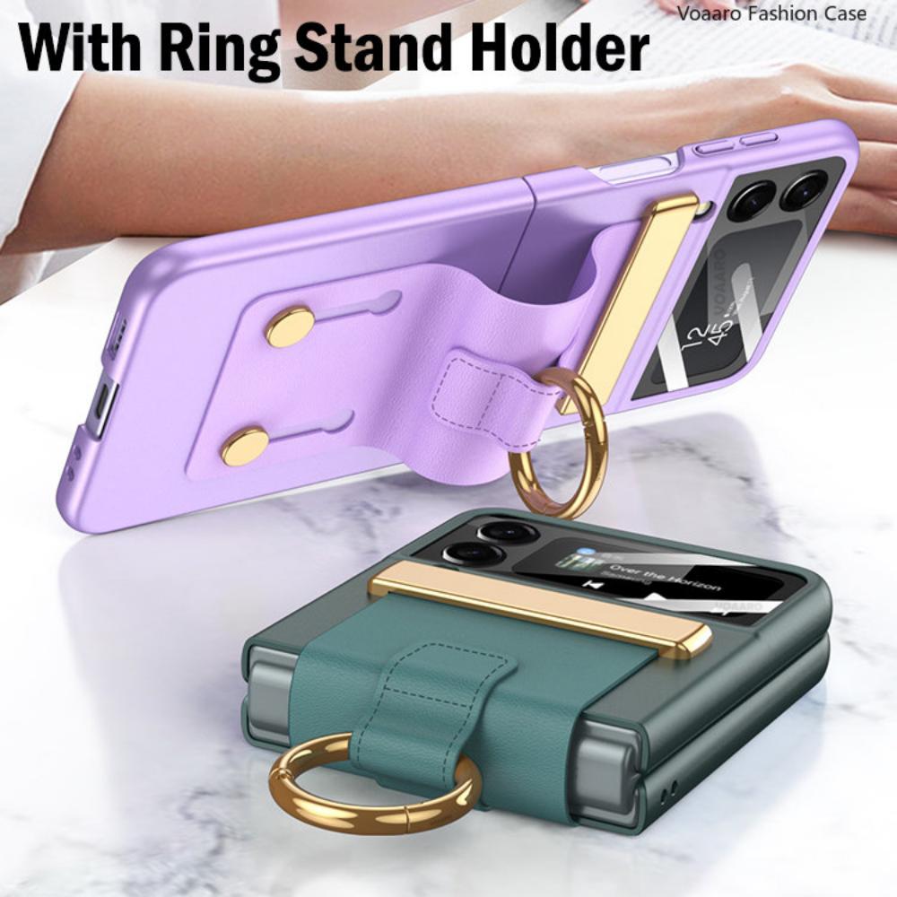 Funda For Samsung Galaxy Z Flip 4 5g Case Leather Wristband Ring Bracket Cover For Samsung Z Flip 4 Strap Case With Camera Film