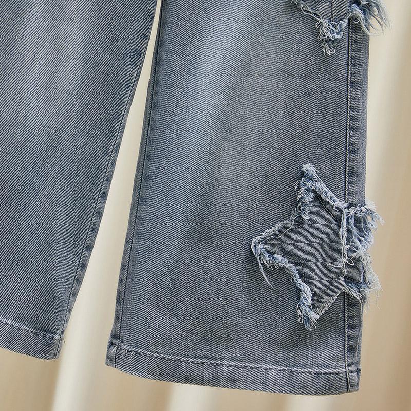 2025 Весна/Осень Джинсы широкие свободные для девочек-малышек с необработанным краем, в корейском стиле