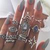 11pc / Set Retro Crystal Sapphire Finger Ring Set Baby Crown Star Silver Joint Joint Ring