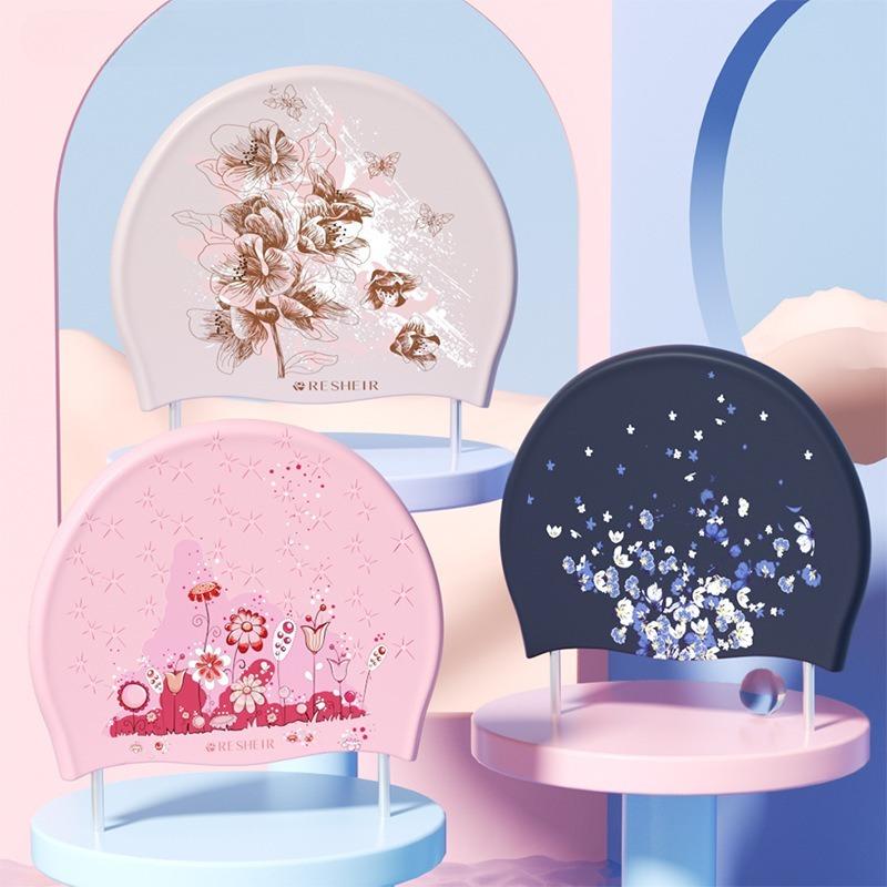 Swimming Caps Fashion Printed Waterproof Silicone Swim Caps Large Size Ear Protection Adult Swim Caps Swimming Pool Accessories