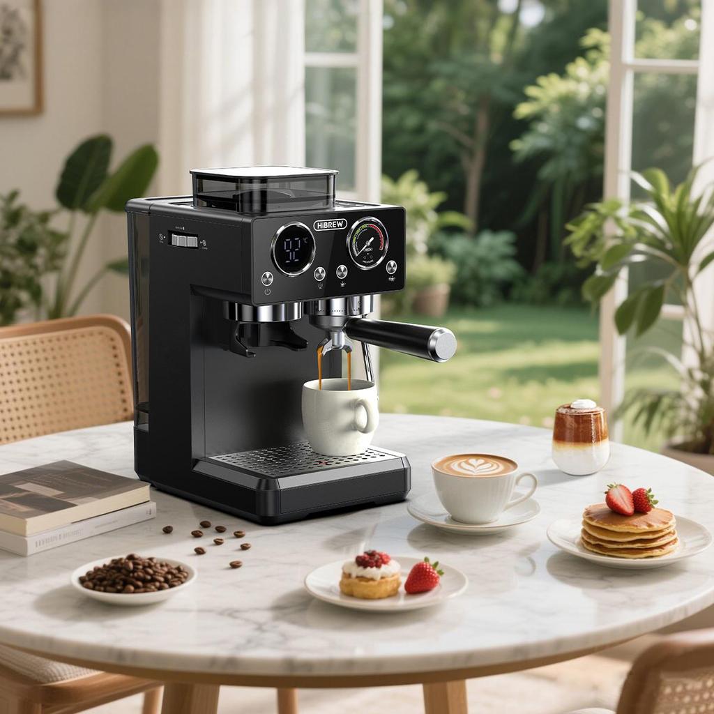 HIBREW H20 Espresso Coffee Machine 1350W 20Bar with Built-in Grinder Milk Frother, 20-Level Grind Adjustment,1.8L Water Tank