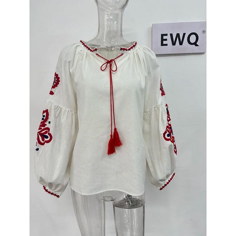 Милый стиль, женские пуловеры, рубашки с вышивкой, лоскутная повязка, v-образный вырез, рукав-фонарик, весна-лето 2024, новая блузка SN0452