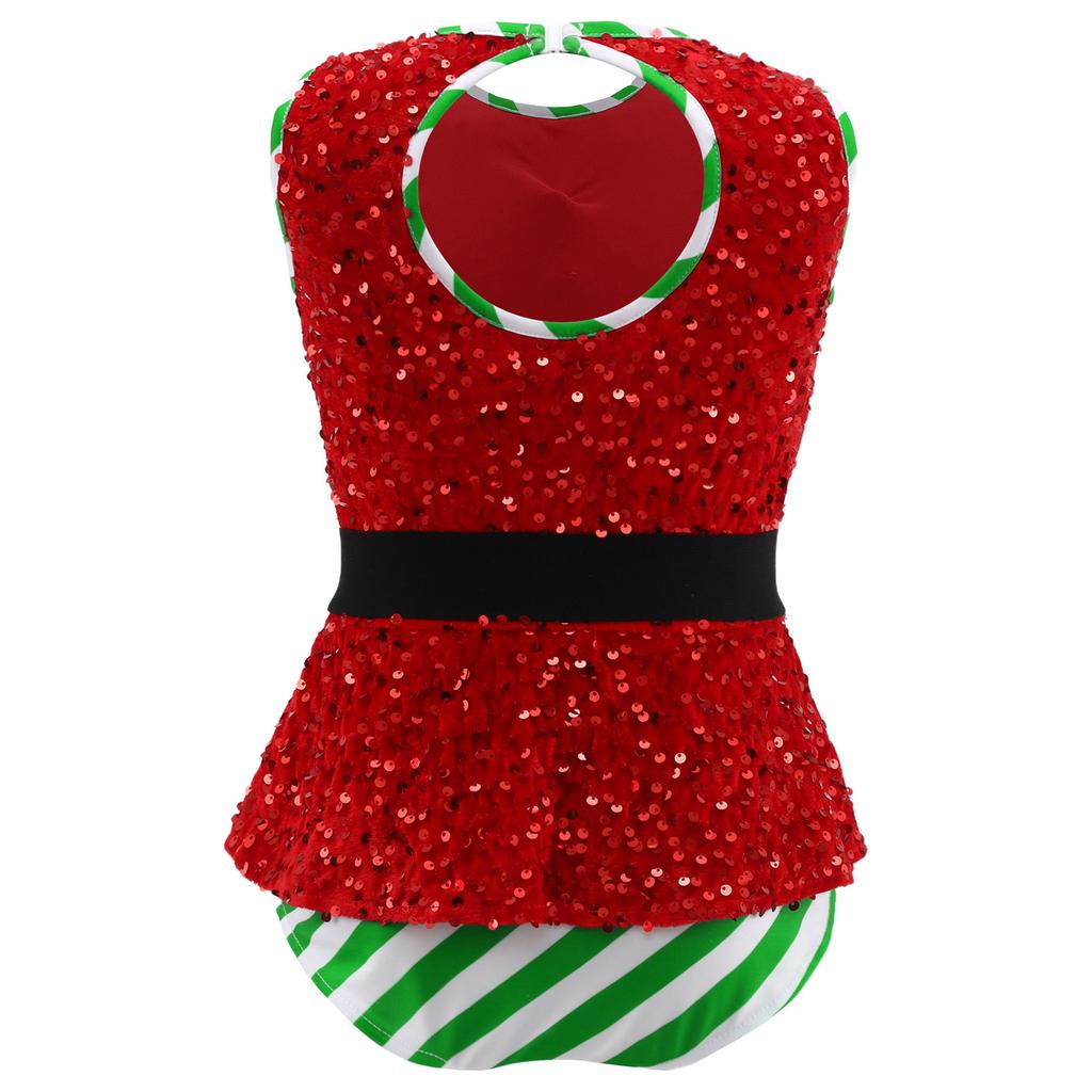 Kids Girls Christmas Santa Elf Costumes Candy Cane Striped Sequins Dance Leotard Xmas Skating Bodysuit