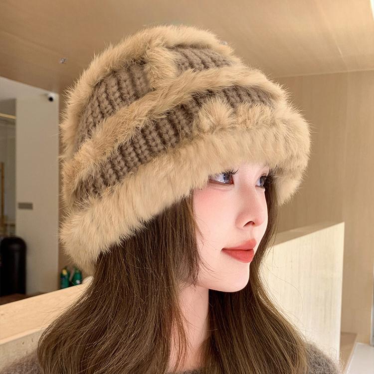 Вязаная шапка-ведро из меха кролика, женская, зима 2023, новая плюшевая утолщенная термошапка с изображением маленького лица