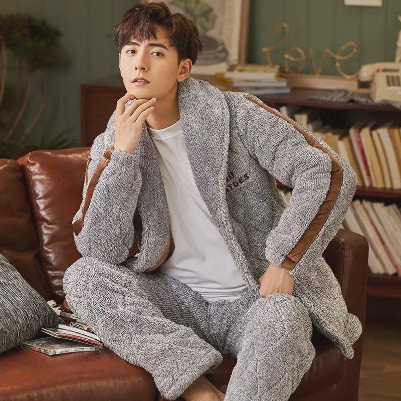 Men's Winter Hooded Quilted Pajama Set: Thick, Plush, Large Size Flannel Jacket