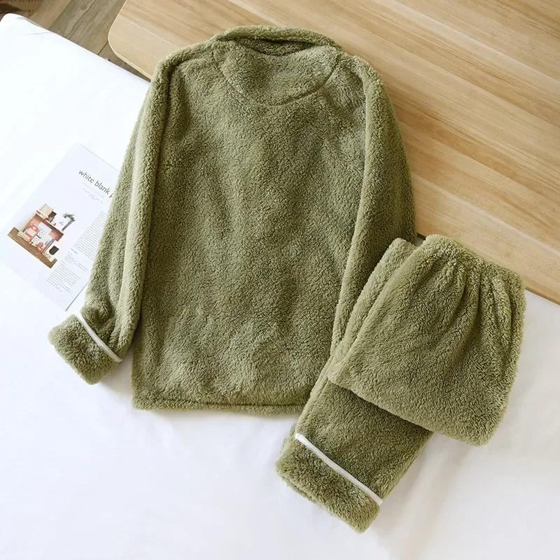 Парный зимний фланелевый пижамный комплект для мужчин и женщин, коралловый плюш, плотный однотонный, брюки с длинным рукавом, домашний костюм, комплект из двух предметов