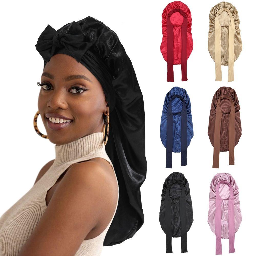 Women Adjusting Button Flat Adjustable Night Hat Satin Hair Cap Haircare Ceremony Long Headwear
