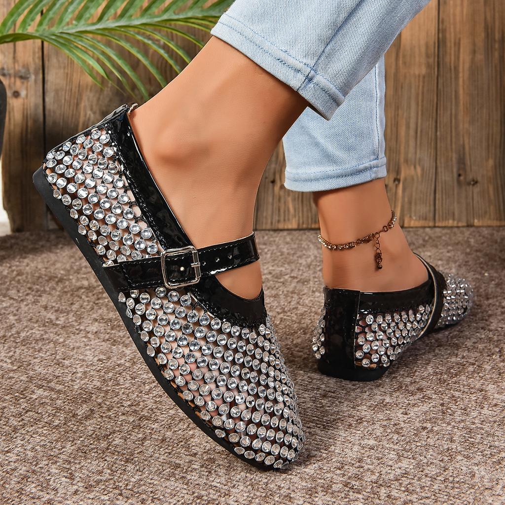2024 Summer Mesh Buckle Hollow Breathable Flat Shoes Full Diamond Women's Sandals Hollow Fashion Single Shoes Fishing Net Shoes Women's