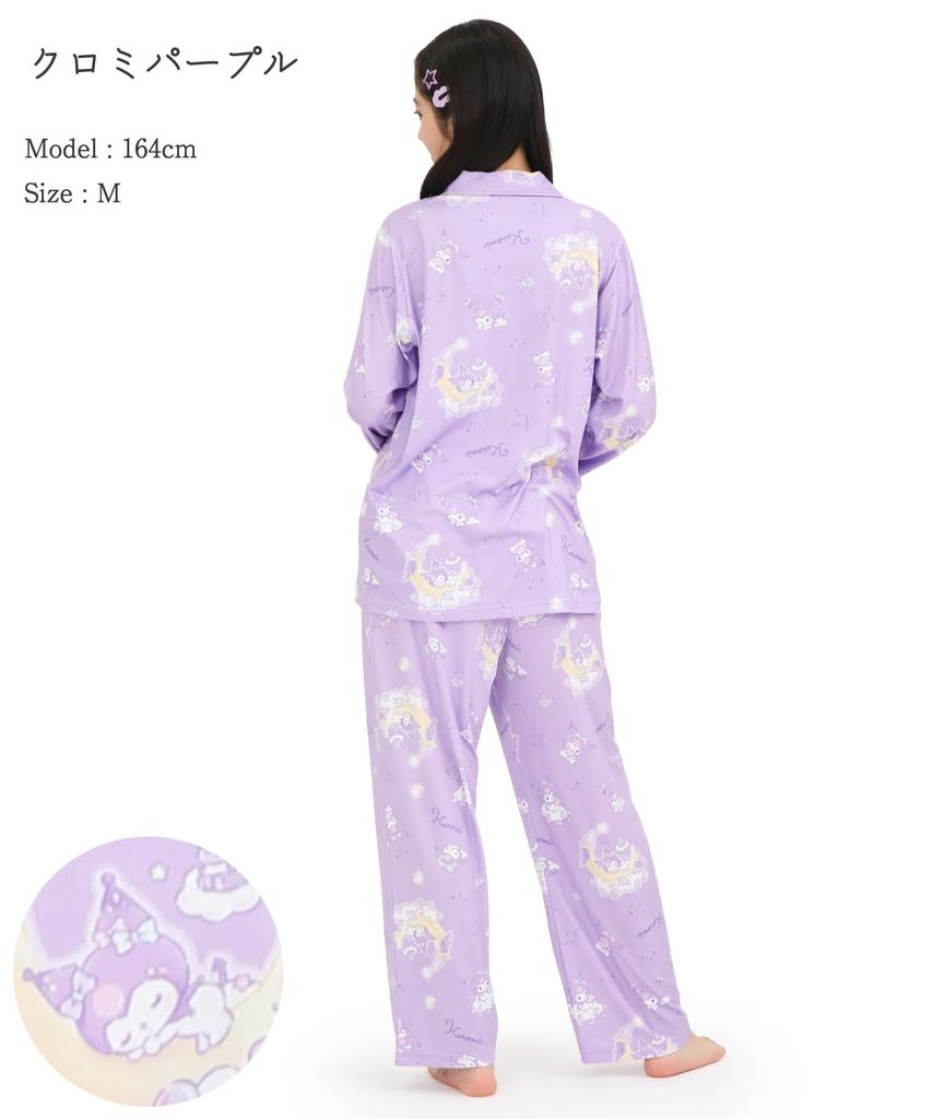 SAZAC Kuromi Shirt Powder Long Sleeve and Pants Loungewear Pajamas, Stretch, Women's, Set, (Purple/M/SAN1908)