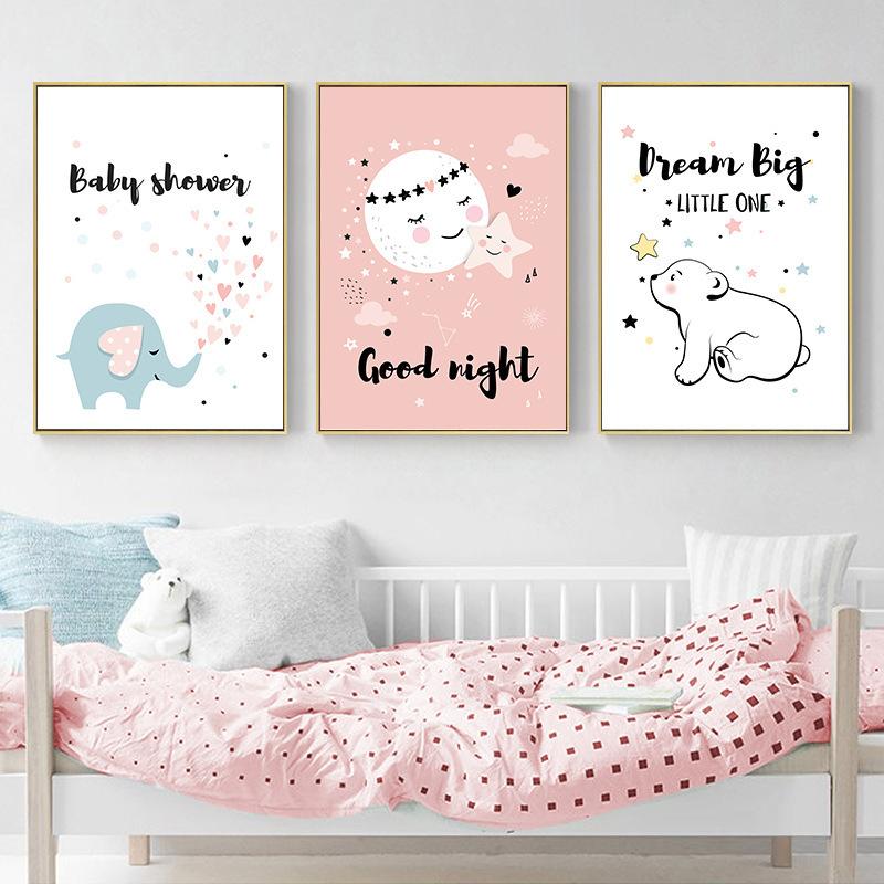 Northern Europe Cartoon Kindergarten Children's Room Cute Elephant Bear Love Canvas Painting Decoration Painting Wall Art No Frame