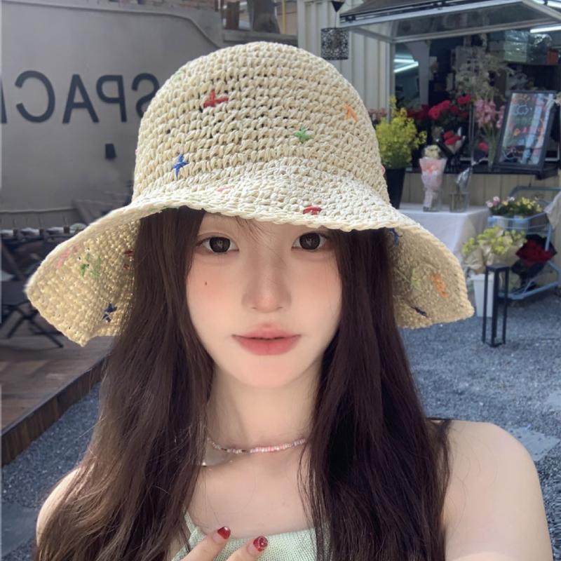 Women's Summer Colorful Sweet Woven Straw Hat Beach Hollow Out Crochet Sun Protection Hat Vacation Wide Brim Sunshade Hat