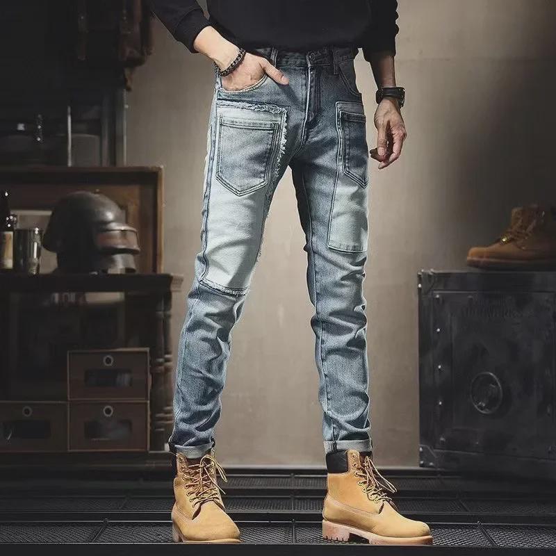 Мужские модные рваные узкие джинсы с заплатками: Осенние и зимние облегающие брюки