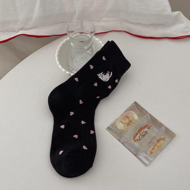 Ladies Spring and Summer New Trend Cartoon Black and White Cat Love Polka Dot Pure Cotton Tube Socks