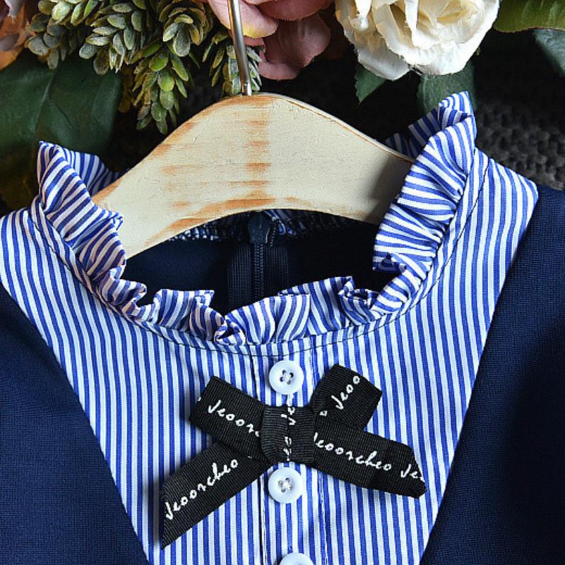 Детская одежда, школьное платье в полоску для девочек в консервативном стиле, весенне-осенние новые фальшивые плиссированные платья из двух частей с длинными рукавами для детей