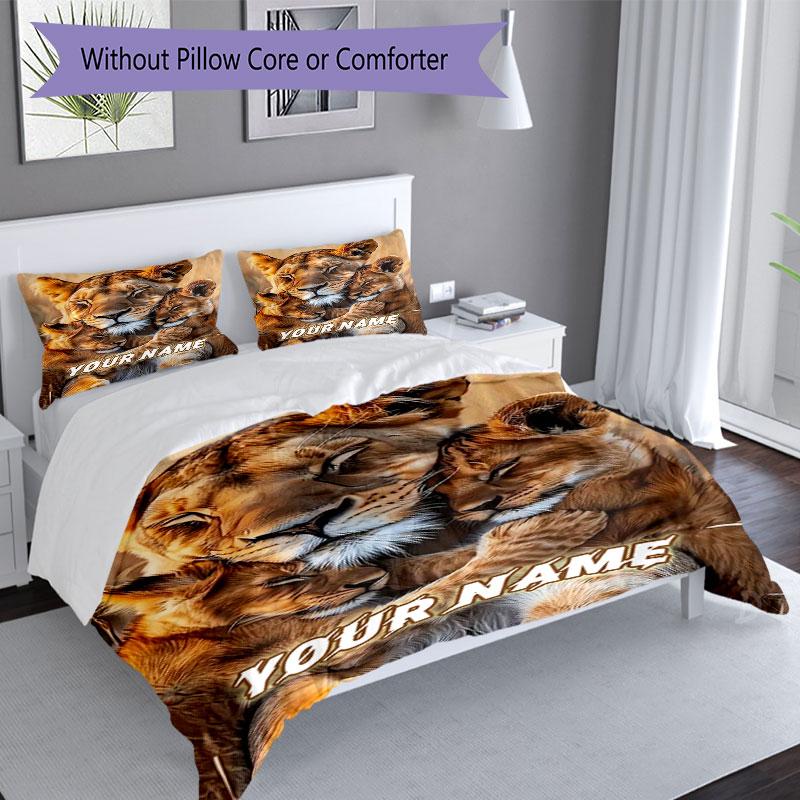 3PC Custom Name Lion Family Hug Bedding Set Duvet Cover Closure Includes 1 Duvet Cover & 2 Pillowcases for Bedroom