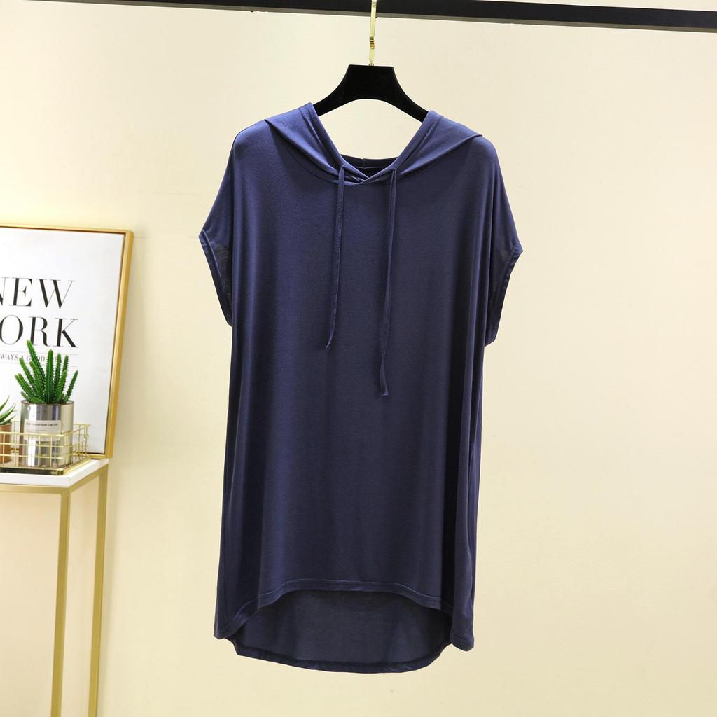 Женская футболка с капюшоном из модала с коротким рукавом для защиты от солнца - Весна/Лето, Большой размер, Слим-фит, Повседневный свободный крой