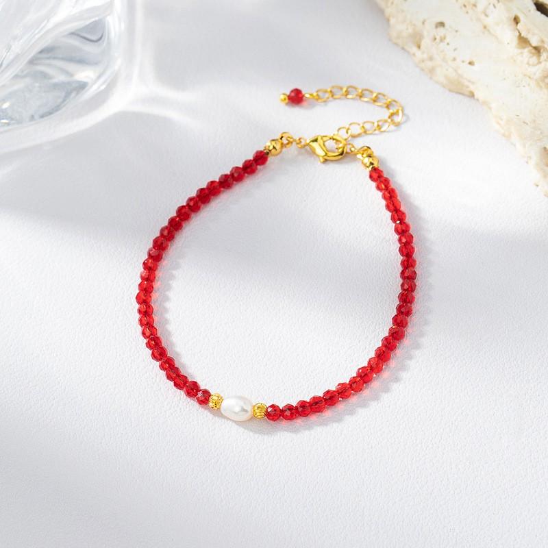 Elegant Red Crystal Freshwater Pearl Choker Necklace Women Minimalist Office Chic Layering Jewelry 5-6mm 41-50cm