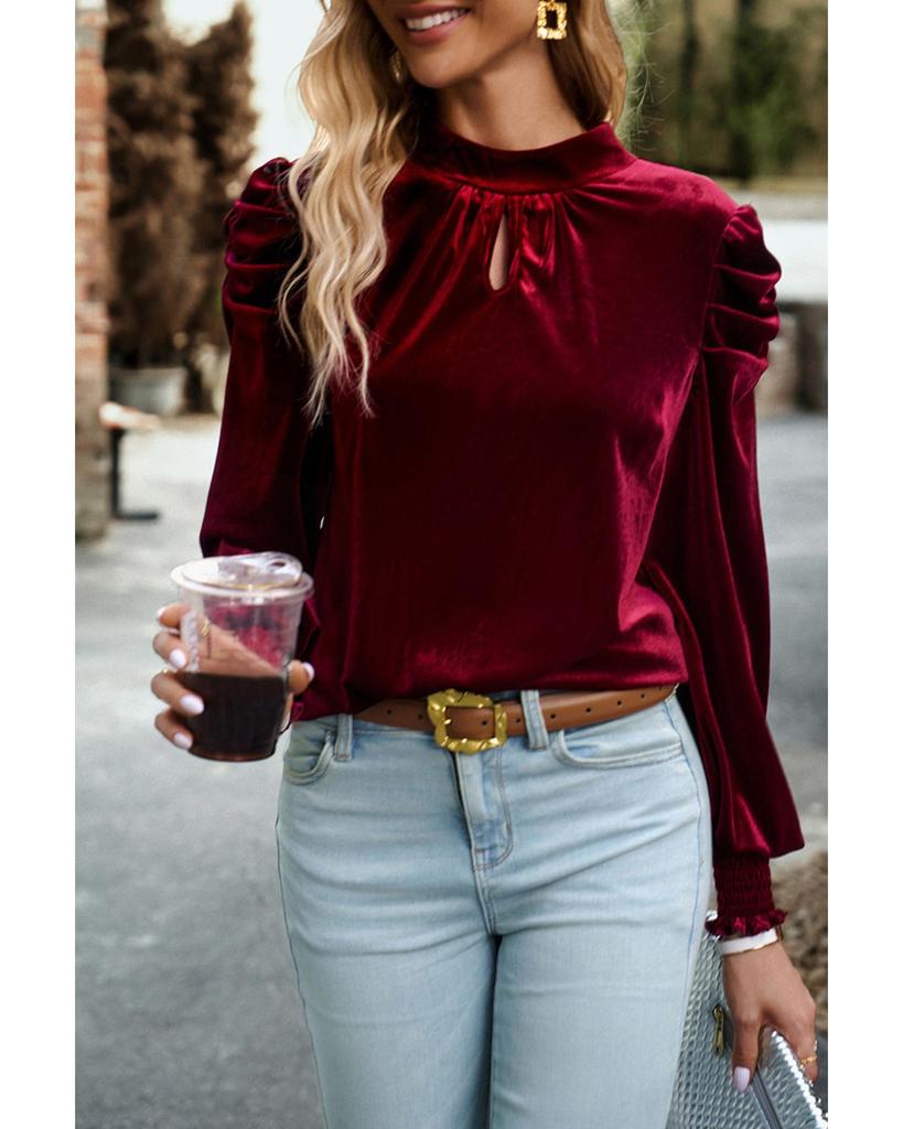 Azura Exchange Red Mock Neck Puff Sleeve Velvet Blouse