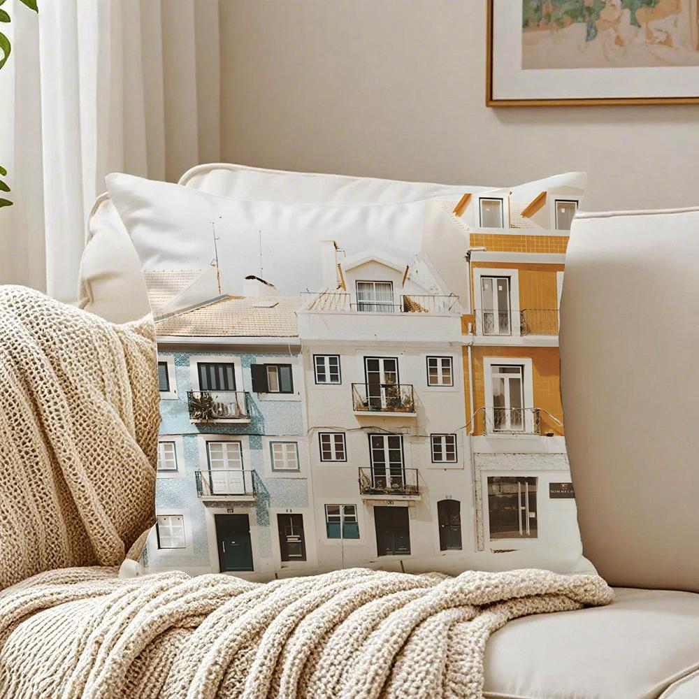 Famous Coastal City Spanish Beach Island Architecture Art Cushion Cover Linen Pillowcase Soft  for Sofa Bed Home Room Decor