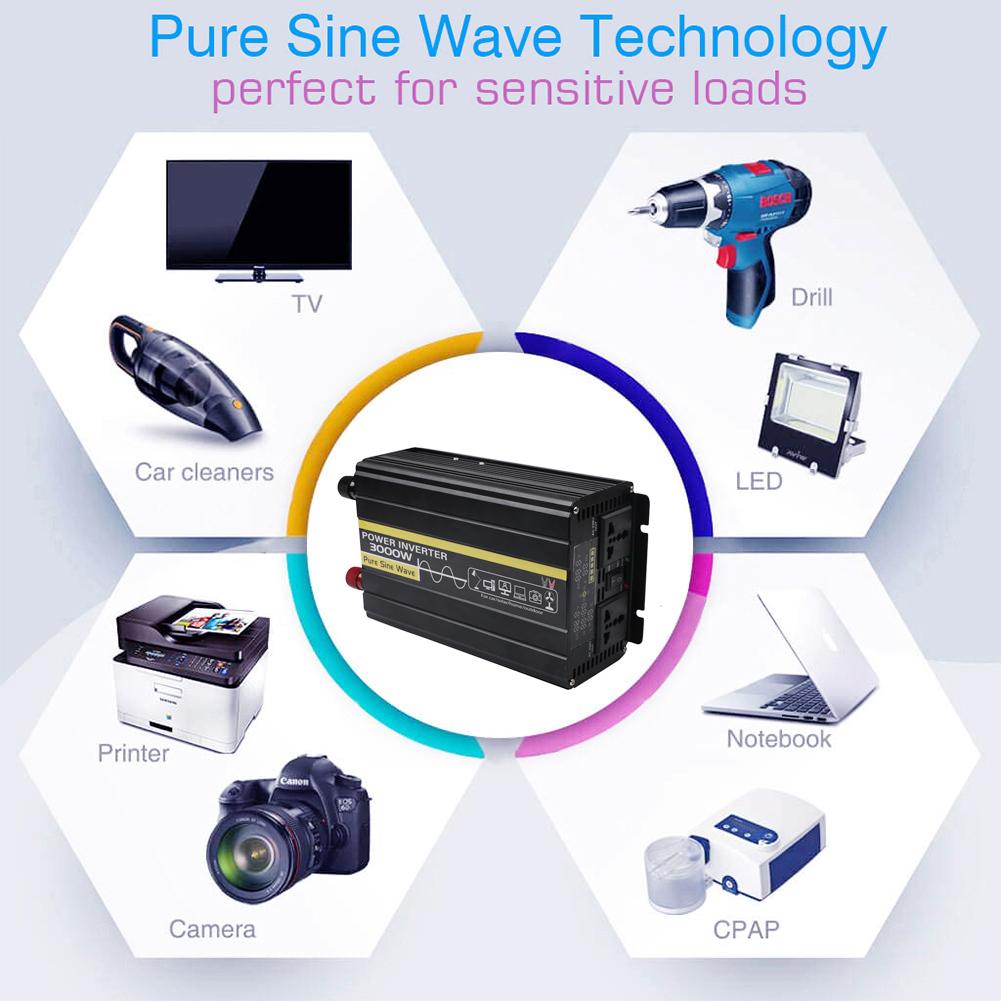 3000 Вт Чистый синусоидальный инвертор мощности Инвертор мощности волны DC12V/24V - 220V для солнечной системы/солнечной панели/дома/улицы/автодома/кемпинга