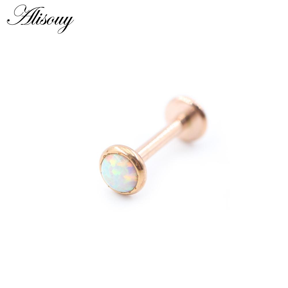 Alisouy 1PC Stainless Steel Opal Stone Labret Lip Tongue Rings Ear Tragus Helix Cartilage Stud Earrings Piercing Body Jewelry