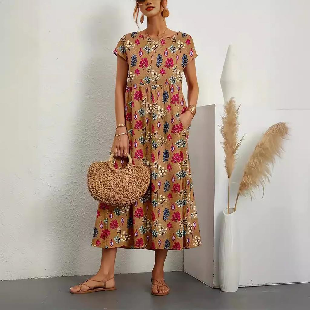 Women Dress Round Neck Printed Short Sleeved A-line Maxi Skirt Unique Floral Long Dresses