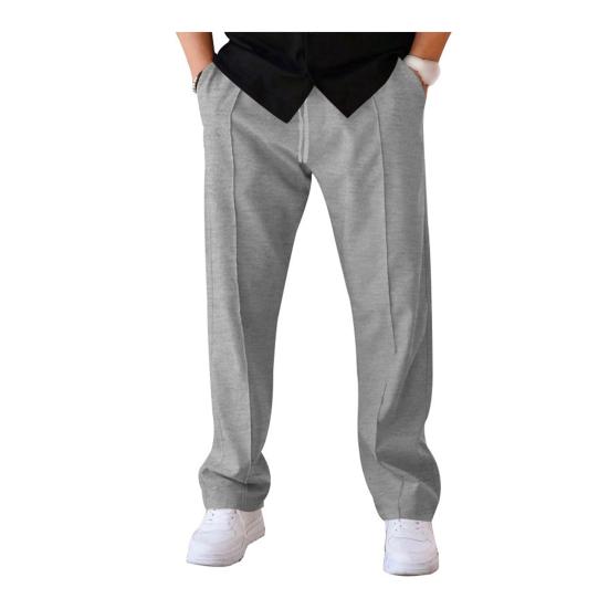 Men Straight Sweatpants Drawstring Elastic Waist Wide Leg Solid Color with Pockets