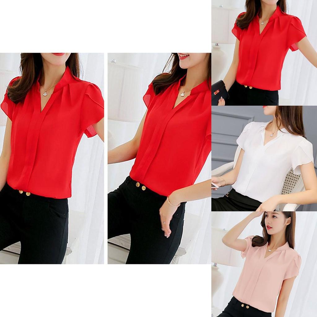 Elegant Women Casual Short Sleeves Chiffon Shirt For Summer Office And Formal Wear